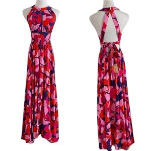Anthropologie Able The Label Hollywood Print Maxi Dress XS Halter Front Slit